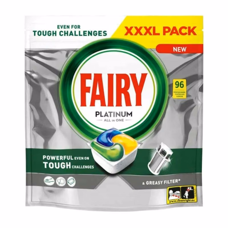 Kapsułki do Zmywarki All In One Fairy Platinum Lemon 96 szt., widok przodu opakowania XXXL Pack na białym tle