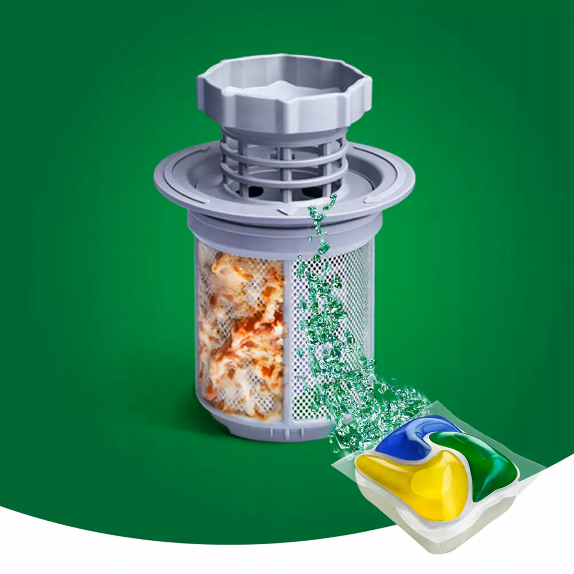 Kapsułki do Zmywarki All In One Fairy Platinum Lemon 96 szt., wizualizacja czyszczenia filtra zmywarki z tłuszczu