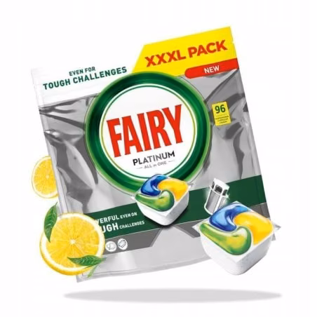 Kapsułki do Zmywarki All In One Fairy Platinum Lemon 96 szt., opakowanie zbiorcze z plastrami cytryny i kapsułką