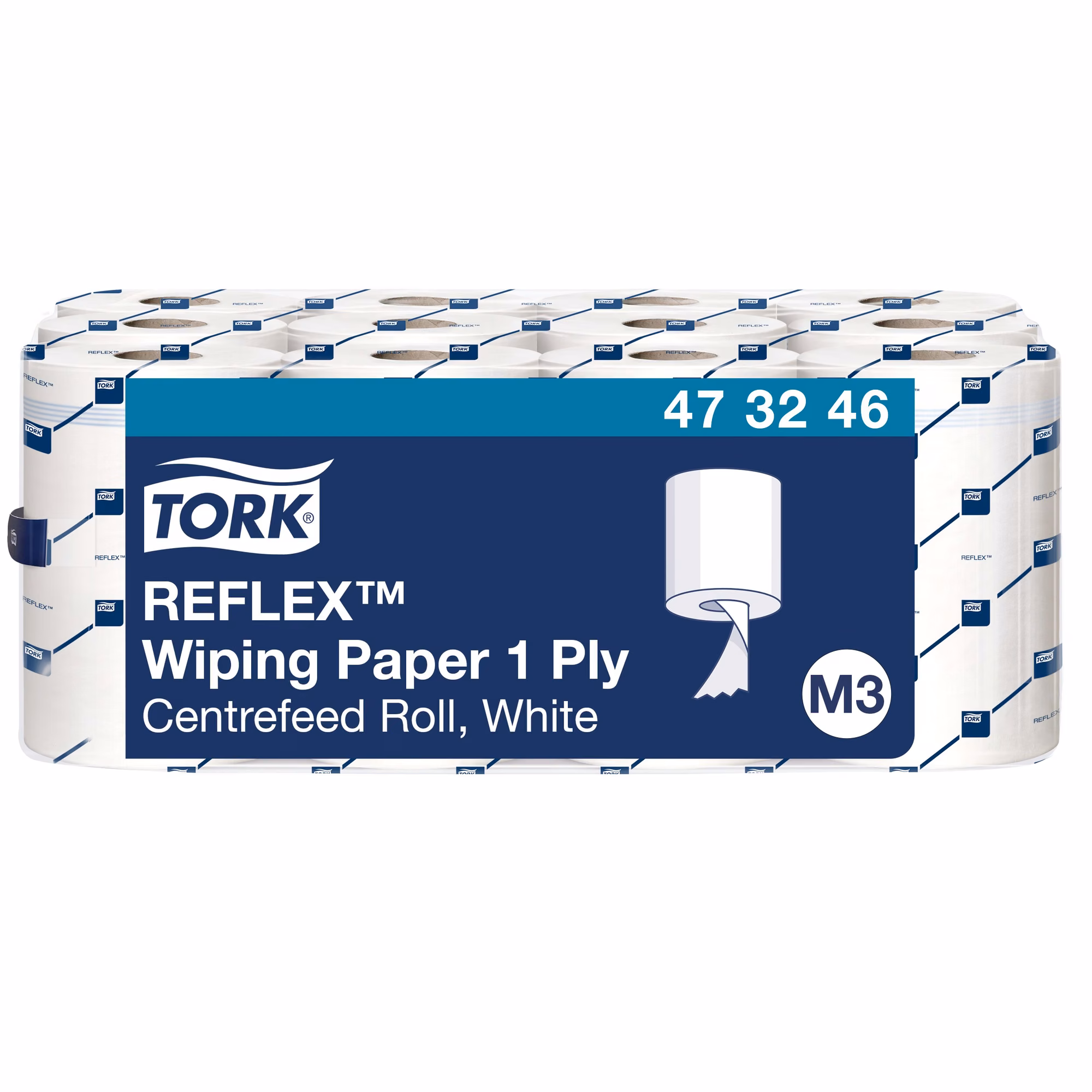 Czyściwo papierowe M3 Tork Reflex 473246, widok na etykietę produktu i ułożenie rolek