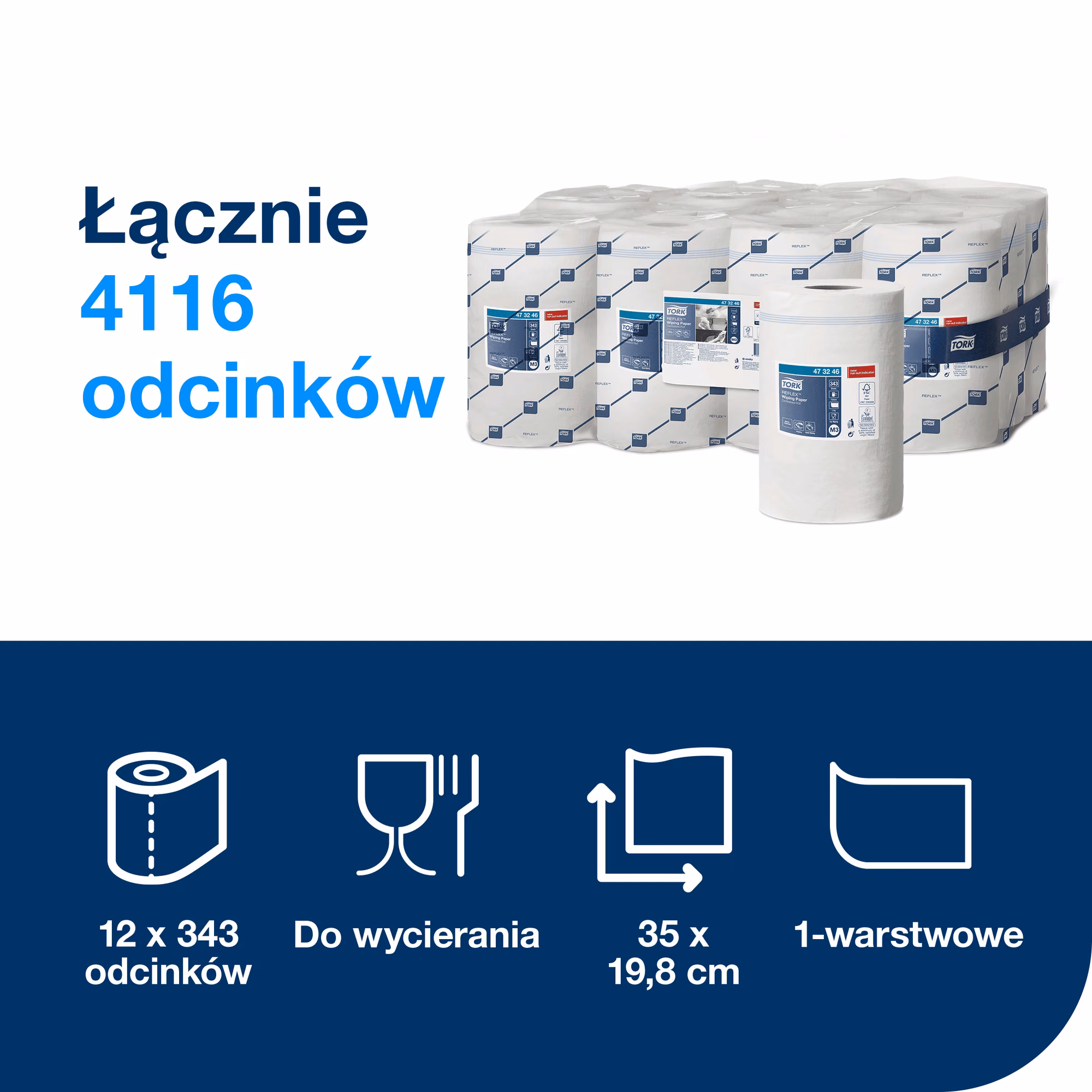 Czyściwo papierowe M3 Tork Reflex, specyfikacja techniczna 12 rolek po 343 odcinki 1-warstwowe