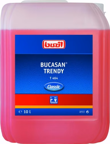 Buzil Bucasan Trendy T464 Koncentrat Czerwony 10L, duży kanister z różowym płynem i widocznym logo marki