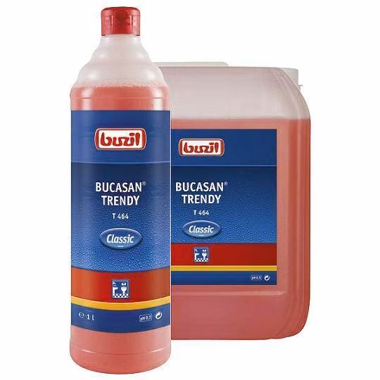 Buzil Bucasan Trendy T464 Koncentrat Czerwony 10L, zestawienie butelki 1l oraz kanistra 10l na białym tle